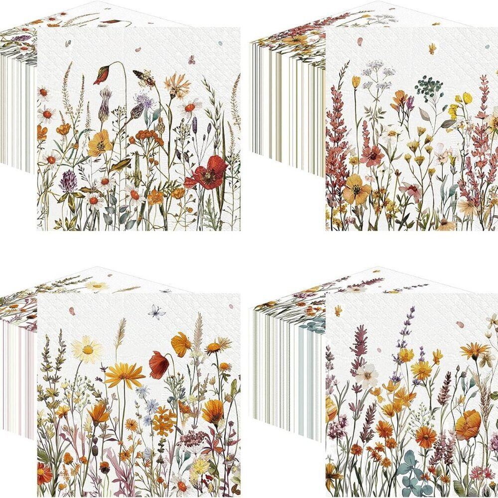 200 Pieces Fall Floral Cocktail Napkins Disposable Autumn Flower Decoupage Paper